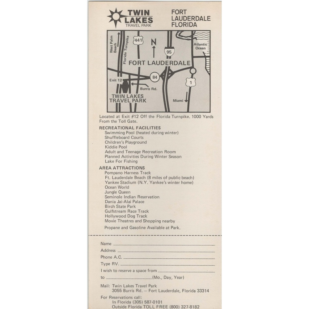 Vintage Twin Lakes Travel Park Fort Lauderdale Florida RV Camping Brochure Map - Picture 2 of 2